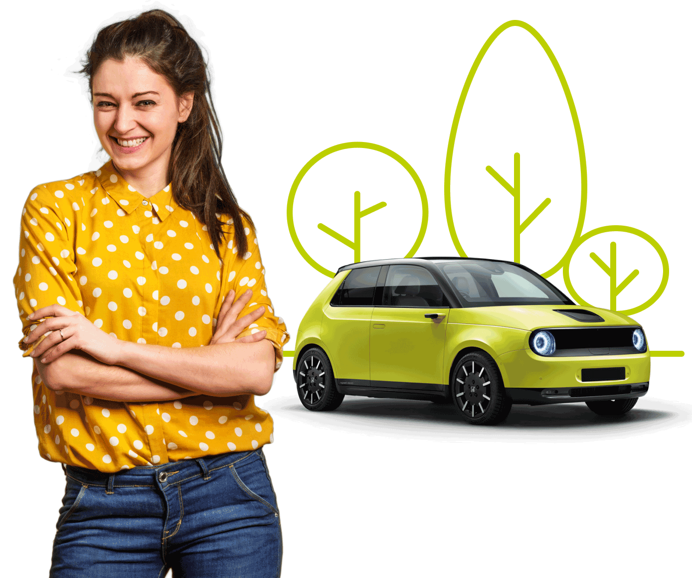 Young woman in yellow and white shirt happy she bought temporary car insurance. Lime green car in background